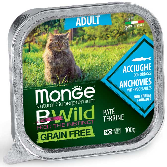 Pate Gato Castrado Monge BWild Grain Free, Sabores Cinghiale y Acciughe 100g