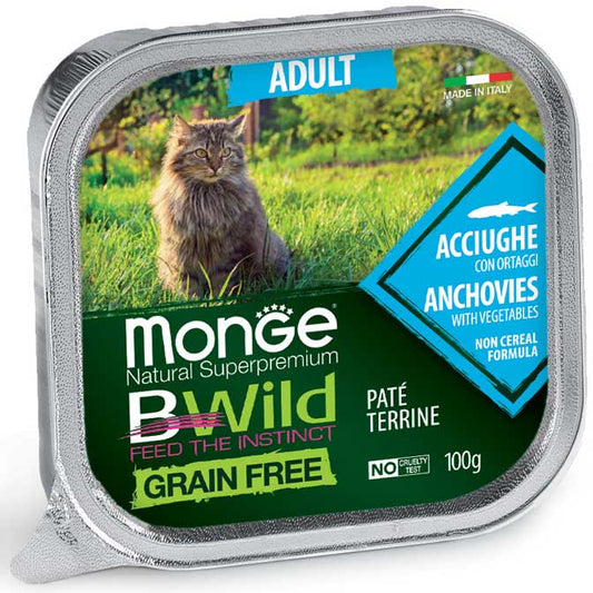 Pate Gato Castrado Monge BWild Grain Free, Sabores Cinghiale y Acciughe 100g