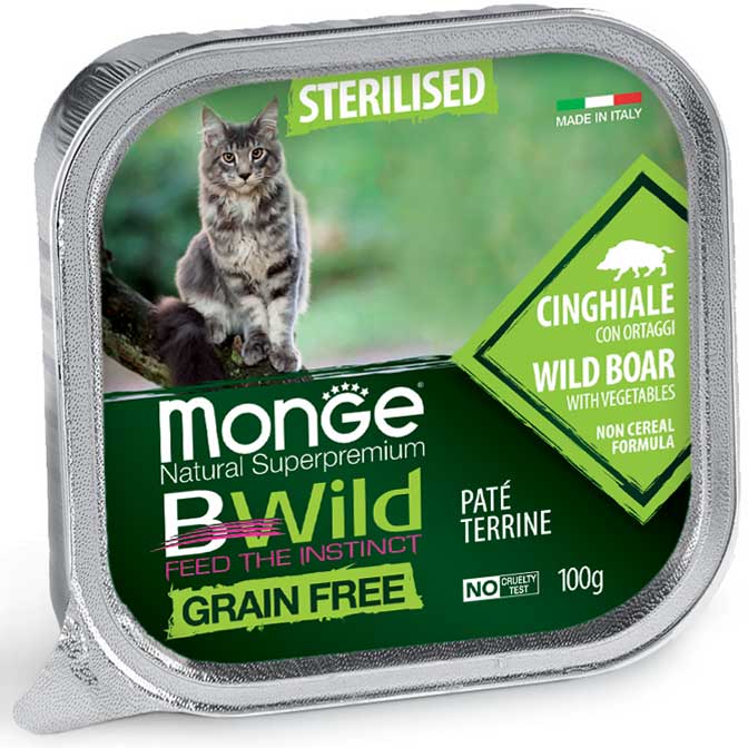 Pate Gato Castrado Monge BWild Grain Free, Sabores Cinghiale y Acciughe 100g